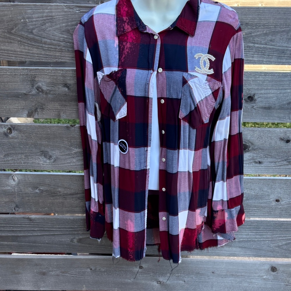Repurposed and distressed Burgundy and White Plaid Shirt by Jagged Threads